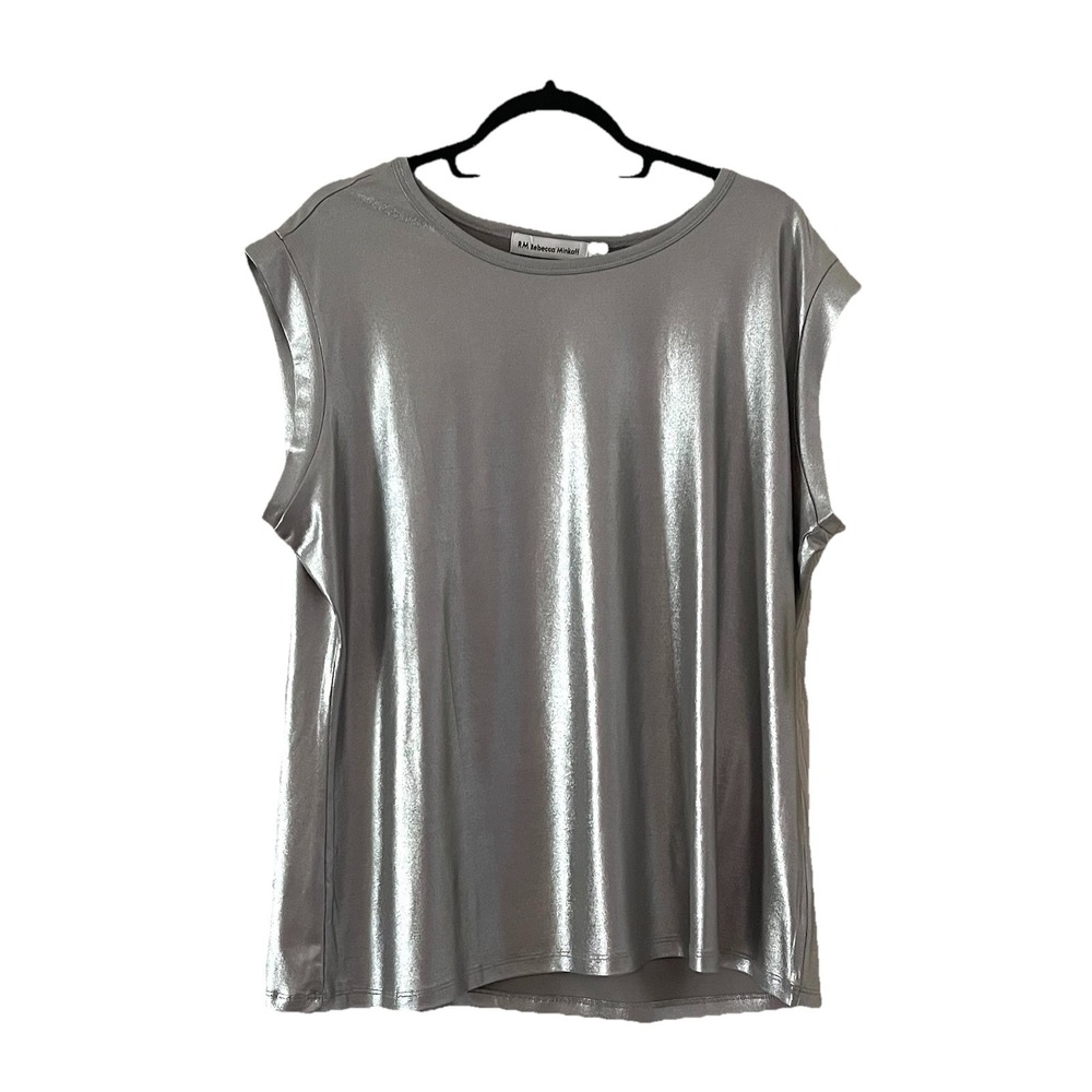 Rebecca‎ Minkoff RM Silver 1X Blouse Cap Sleeve Metallic